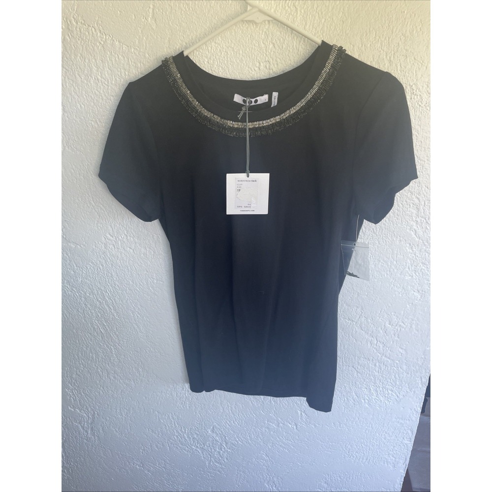 Three Dots Womens NWT Black Beaded Collar  Cotton Tee Shirt Small‎
